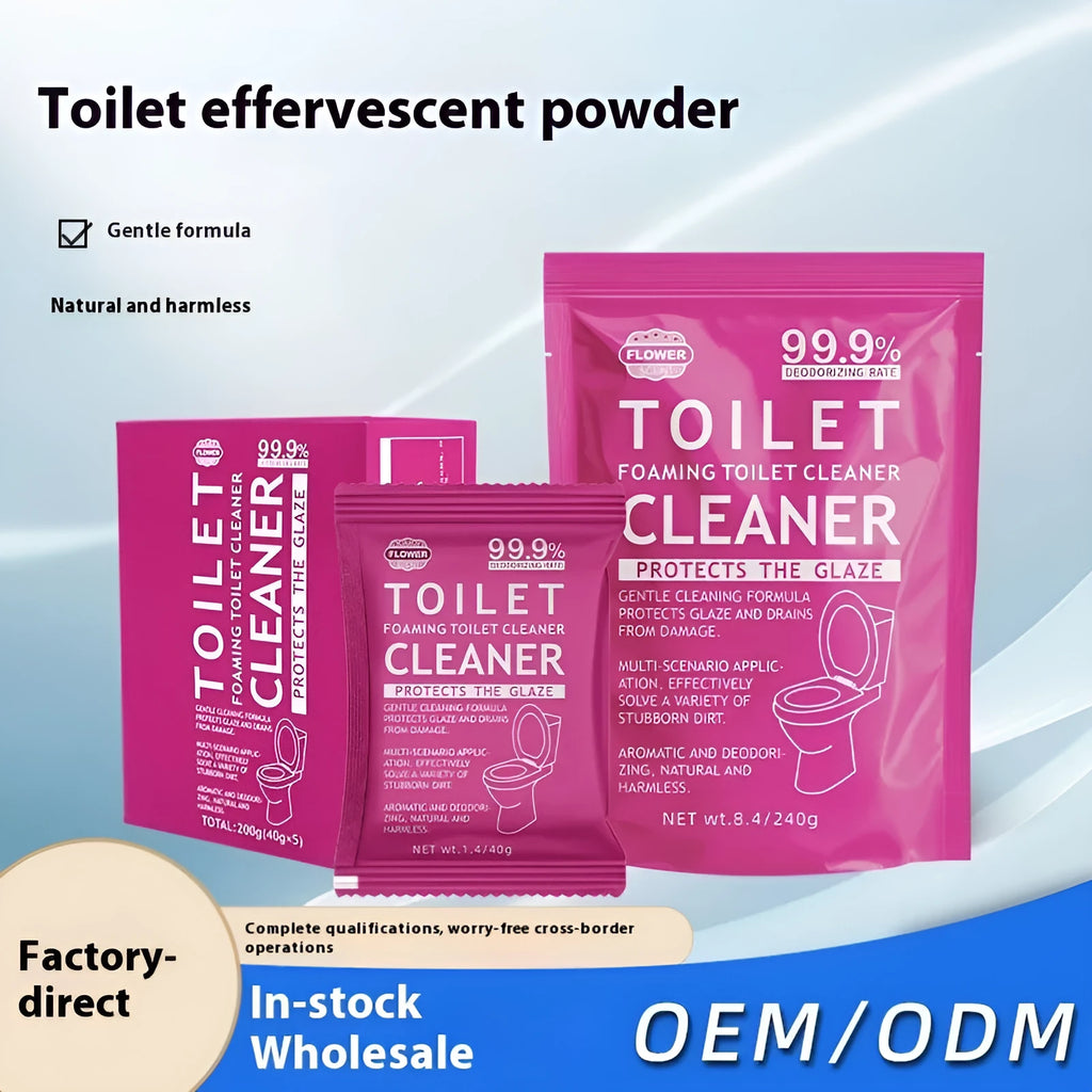 Box and bag of effervescent toilet cleaning powder in blue ocean and pink floral fragrances.
