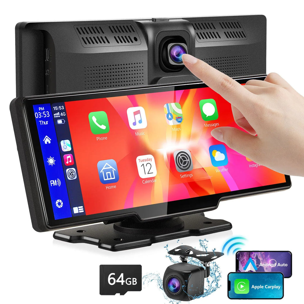 Black portable wireless CarPlay screen with 9.3in Ultra HD touch display, 2.5K front camera and 1080P rear camera