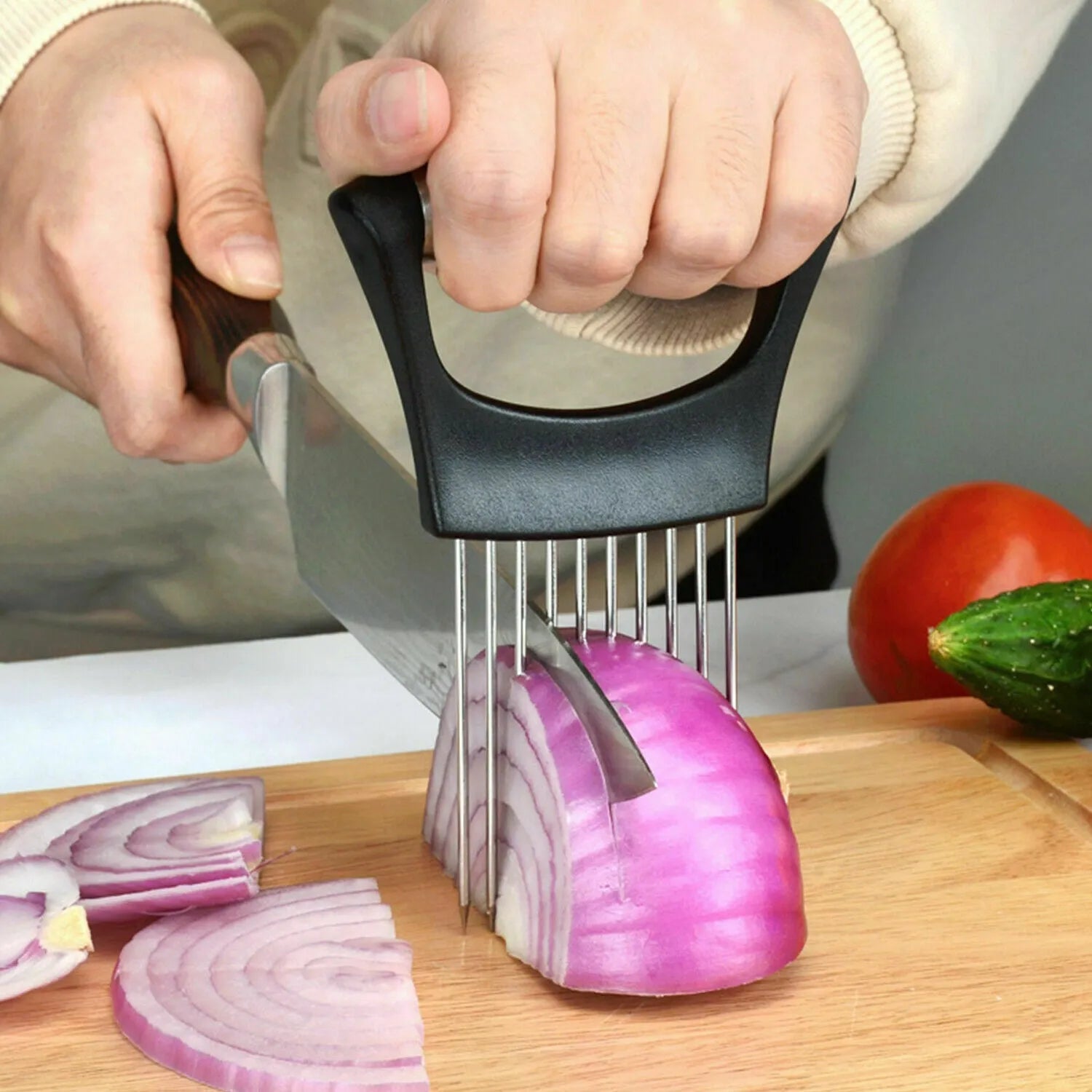 Stainless steel food slice assistant with ABS handle for kitchen slicing tasks