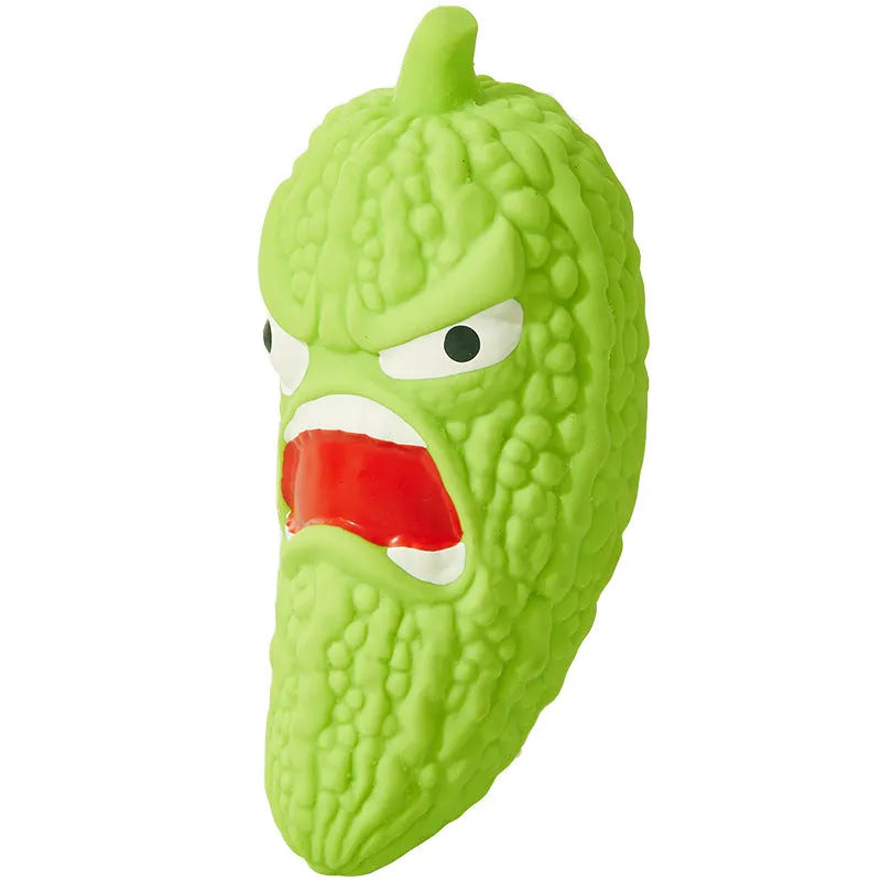 Dog chew toy with pet sound mechanism in bitter melon and chili designs for teeth cleaning