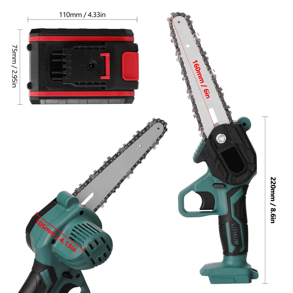 Black mini electric chainsaw with a 4 inch guide bar held in one hand.