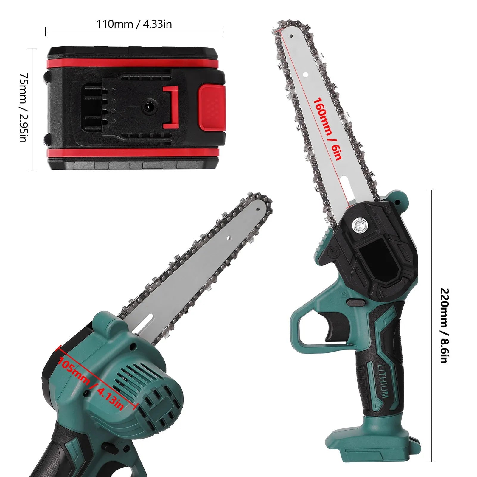 Black mini electric chainsaw with a 4 inch guide bar held in one hand.