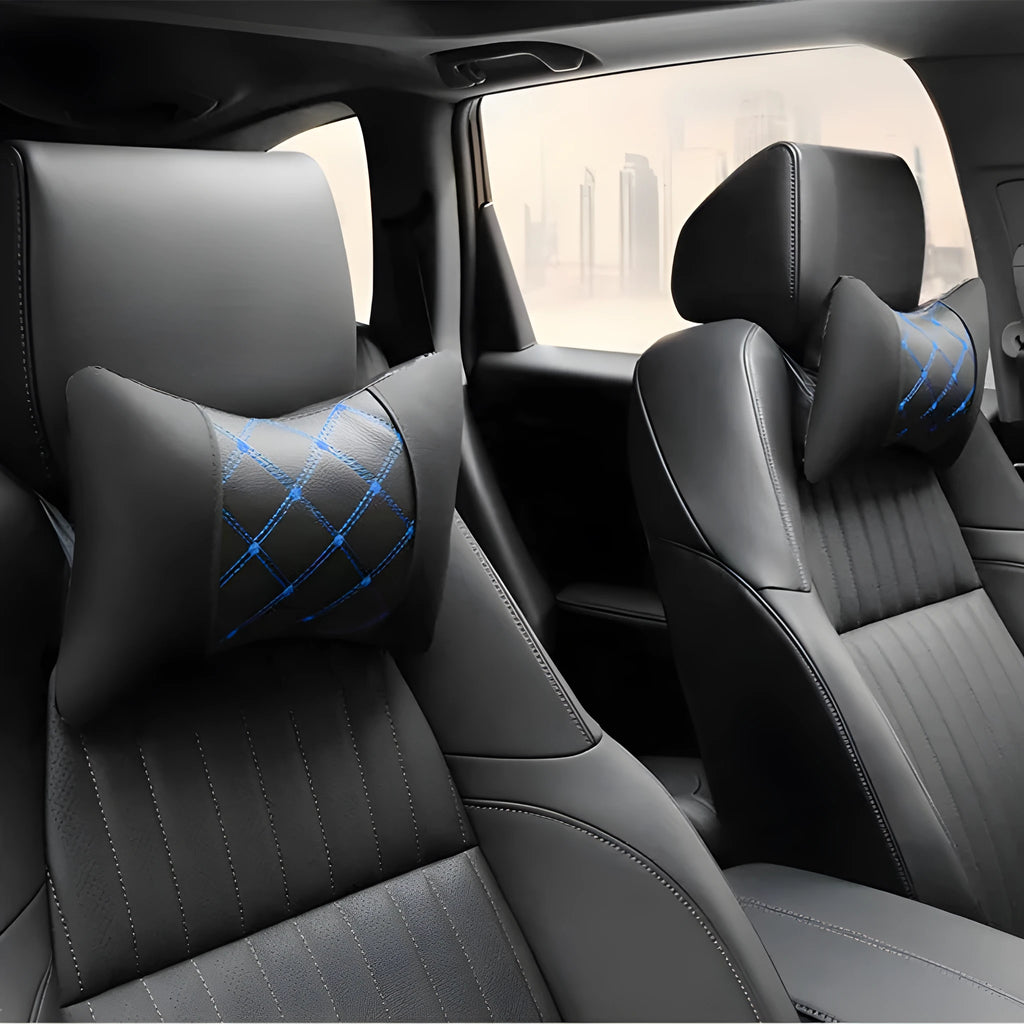 Black leather quilted car headrest pillow with diamond pattern for neck support.