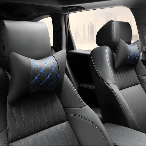 Black quilted artificial leather car headrest pillow with coloured diamond stitching for neck support.