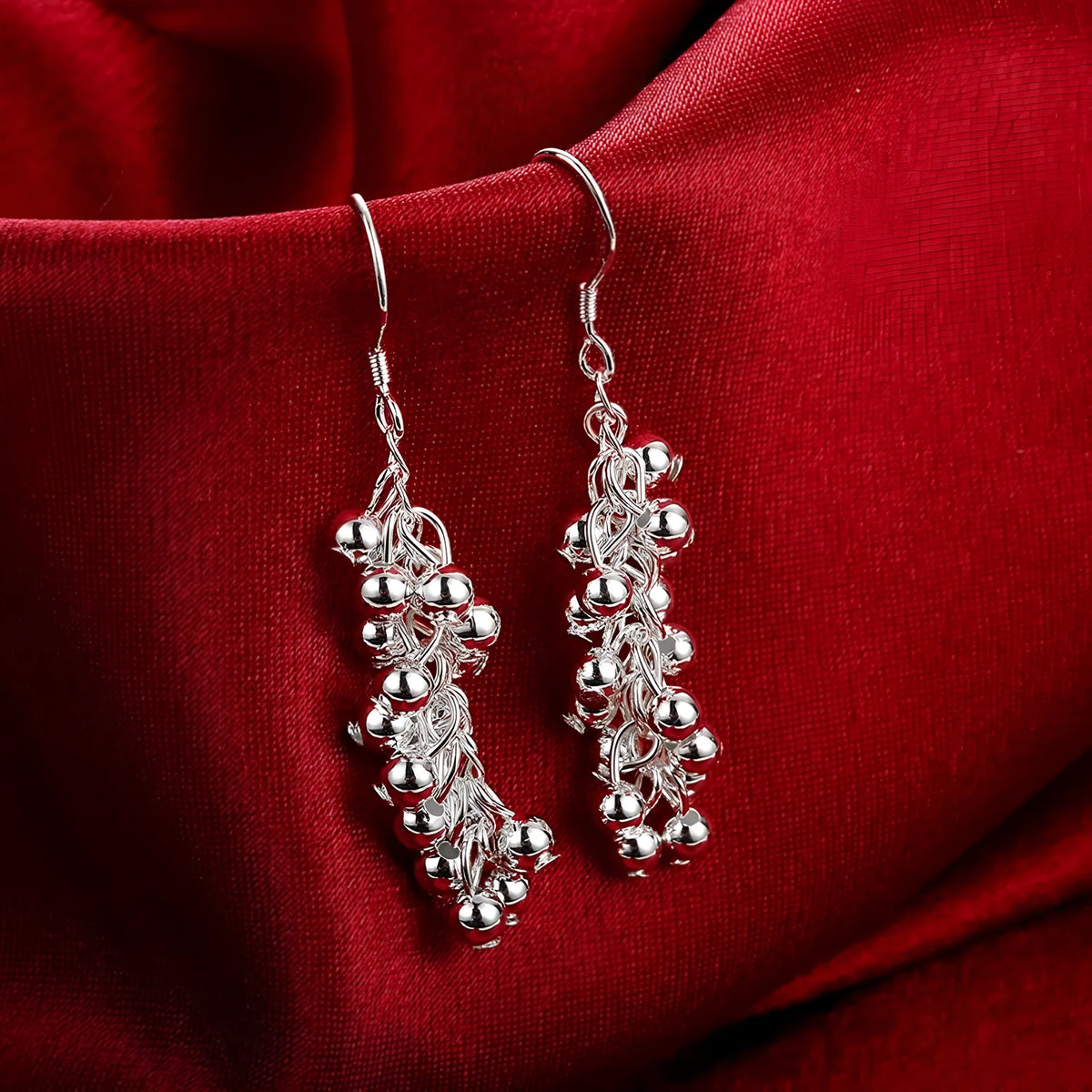 Silver light bead string earrings for women, electroplated copper dangle earrings, 6.8g pair