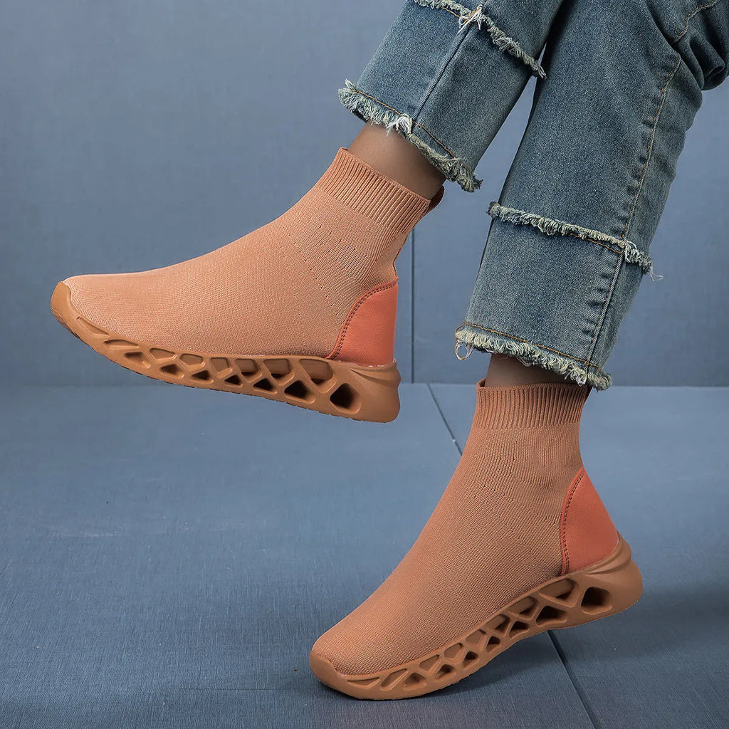 Women's low-top casual mesh sock boots in terracotta warriors colour with round toe and sewing line detailing