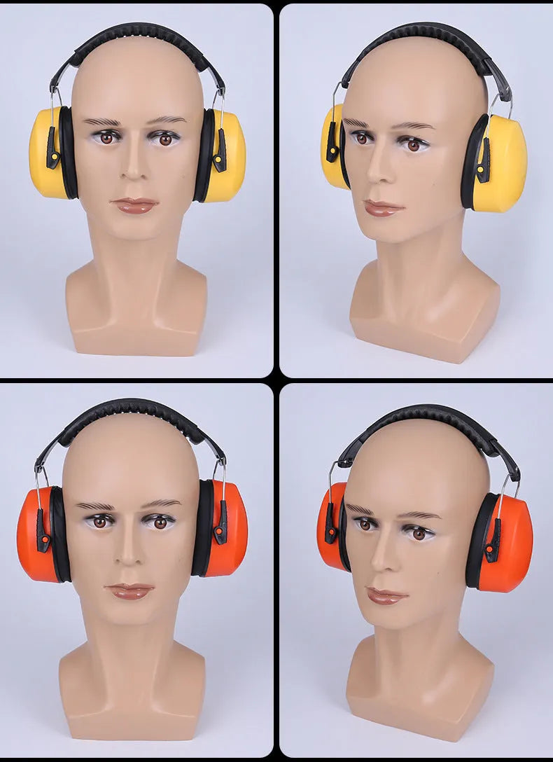 Orange Earpower Pro adjustable noise-cancelling headband with large ear cups on a grey background.