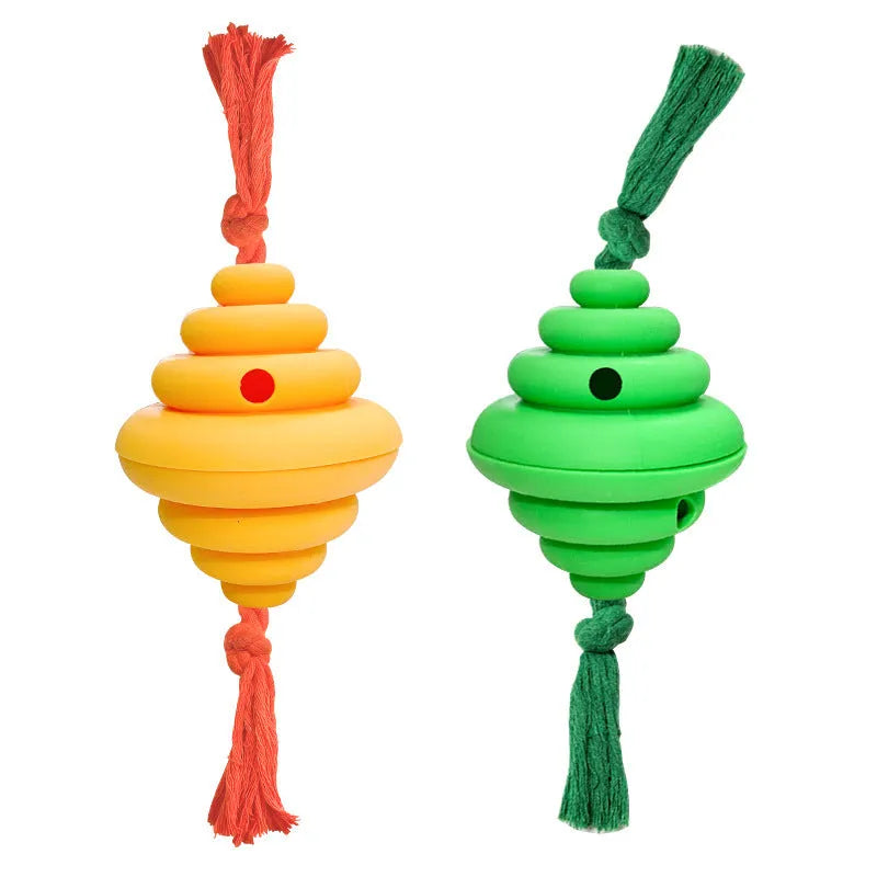 Green and yellow split spiral dog ball toy with rope for tug of war and treat dispensing