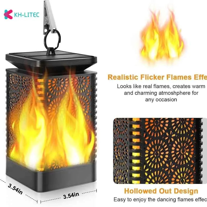 Set of four black solar-powered hanging torch lights with flickering flame LED for outdoor garden use.