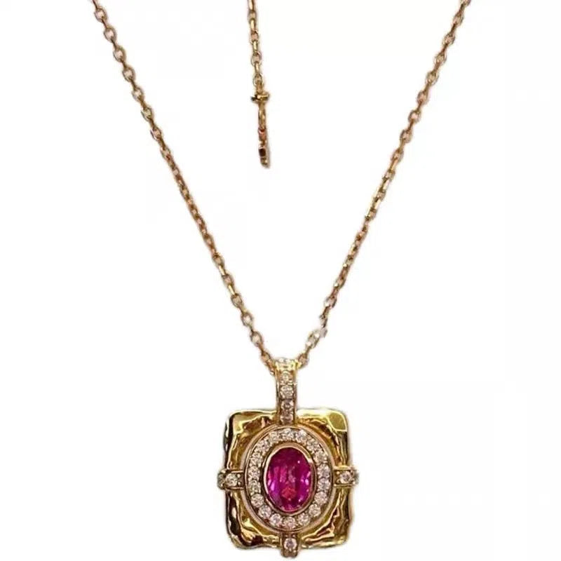 French retro court-style red corundum square pendant necklace with copper bamboo chain for women