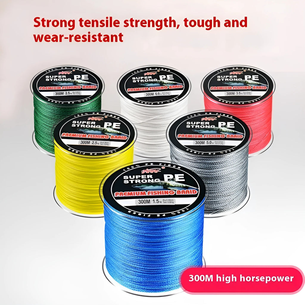 PE 300m 4-strand braided fishing line in multiple colours on a spool