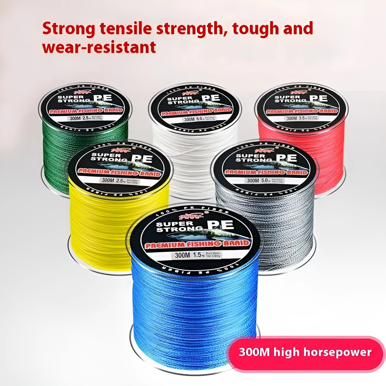 PE 300m 4-strand braided fishing line in multiple colours on a spool