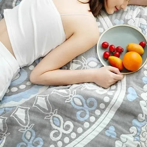 Pure cotton washed five layers towel blanket with floral pattern in blue, two sizes available