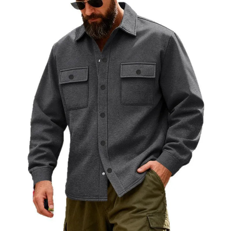 Men's heavyweight loose fleece-lined workwear jacket with 3D patch pocket, thickened winter coat, five colours