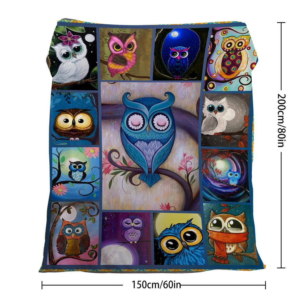 Flannel owl pattern soft fluffy multicoloured blanket in three sizes on a sofa setting