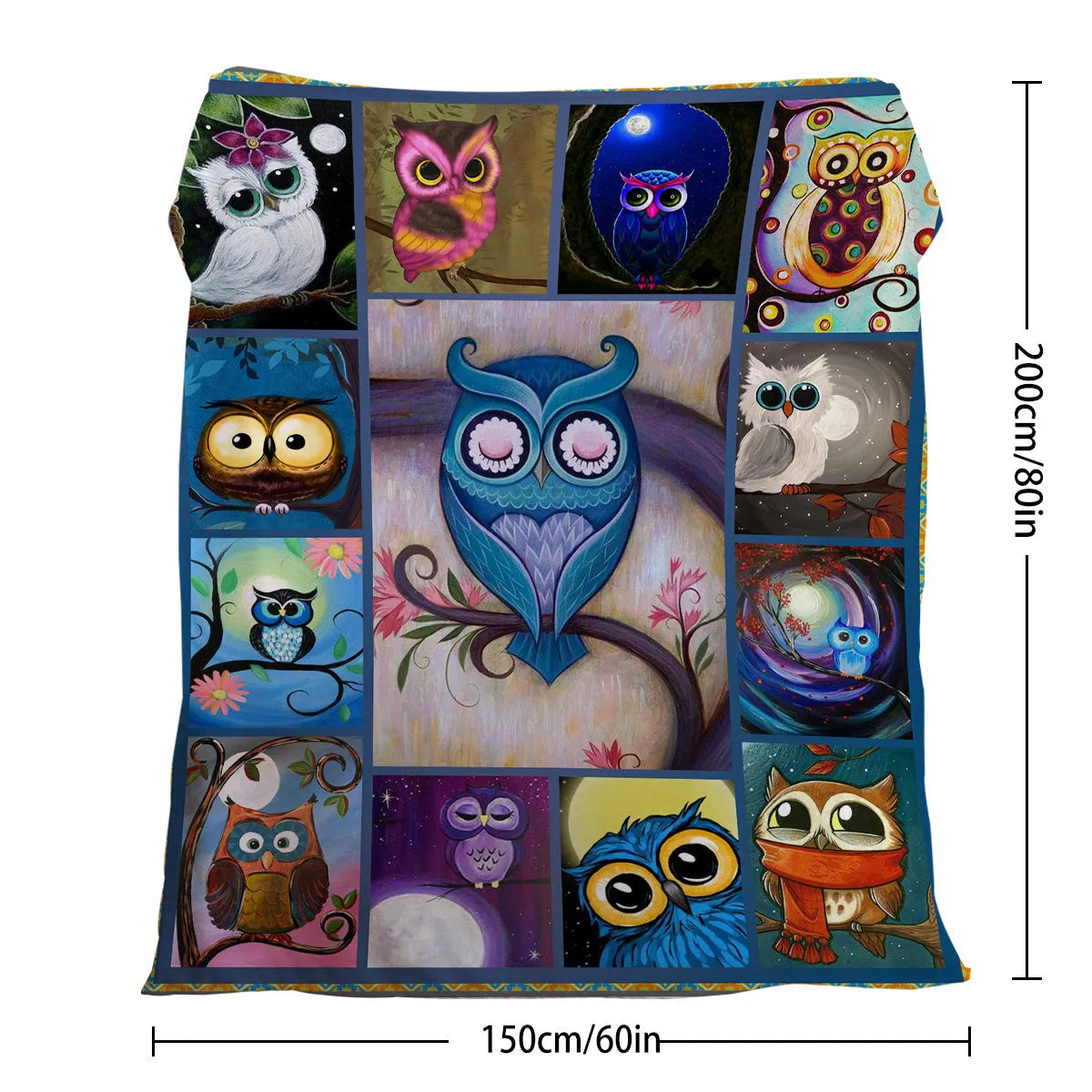 Flannel owl pattern soft fluffy multicoloured blanket in three sizes on a sofa setting