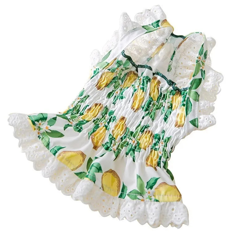 Rock yellow lemon polyester dog skirt with adjustable straps on small dog