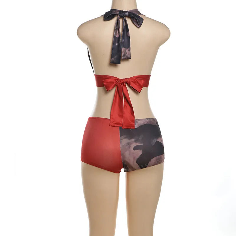 Red women's high waist bikini set with printed 3D pattern and hip lift design.