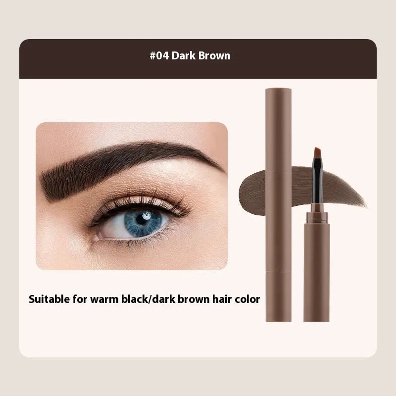Double-headed eyebrow cream tube showing five shade options: reddish brown, brown, light brown, dark brown, and black.