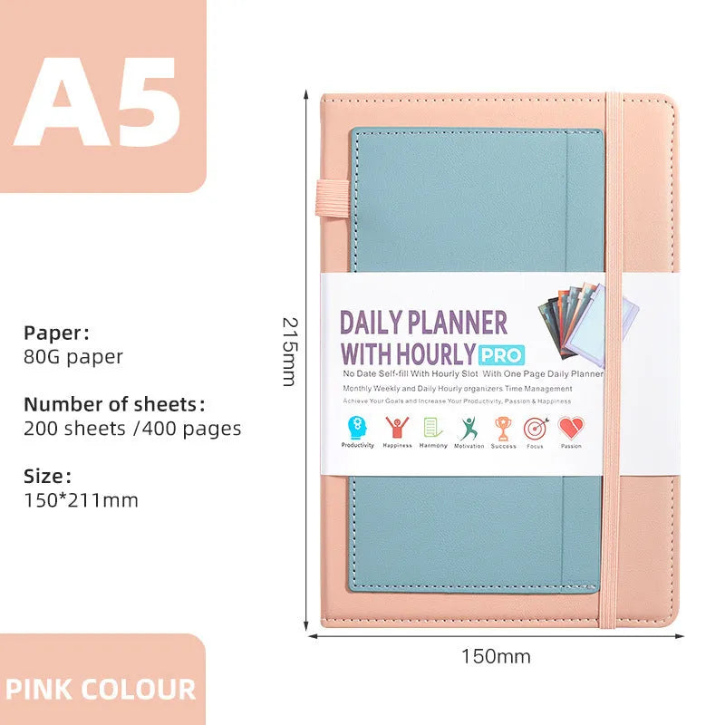 A5 no-date notebook with soft PU cover shown in purple, green, grey, black, pink, and orange, with planning stickers