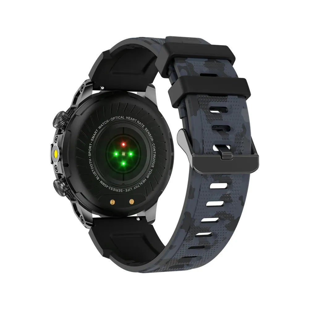 Sports smartwatch with AMOLED display in black orange camo colours showing fitness tracking features