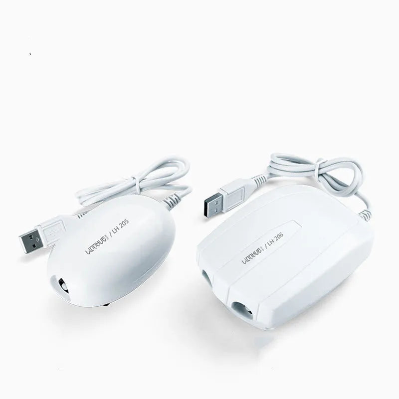 White aquarium air pump mini compressor with ABS shell, single outlet, steel clip, and air stone
