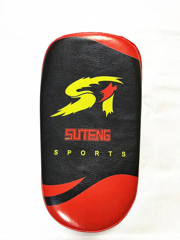 Black with red edges PU leather hand-held boxing target pad showing adhesive buckle strap.