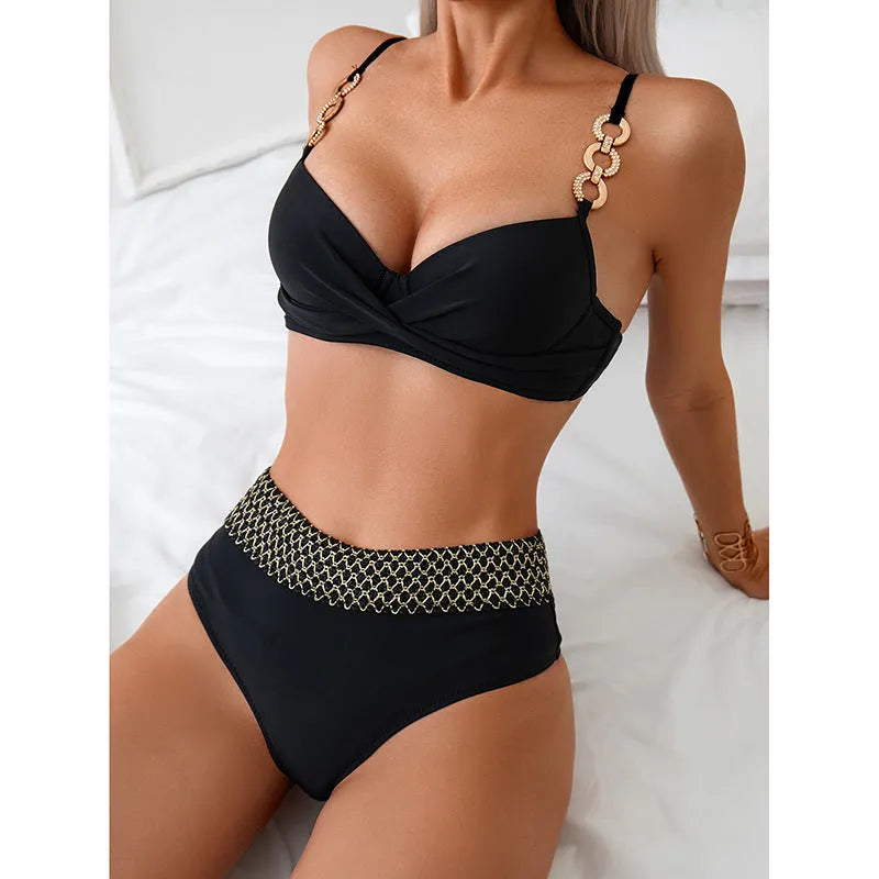 Black European American style bikini swimsuit with sleeveless top and split briefs