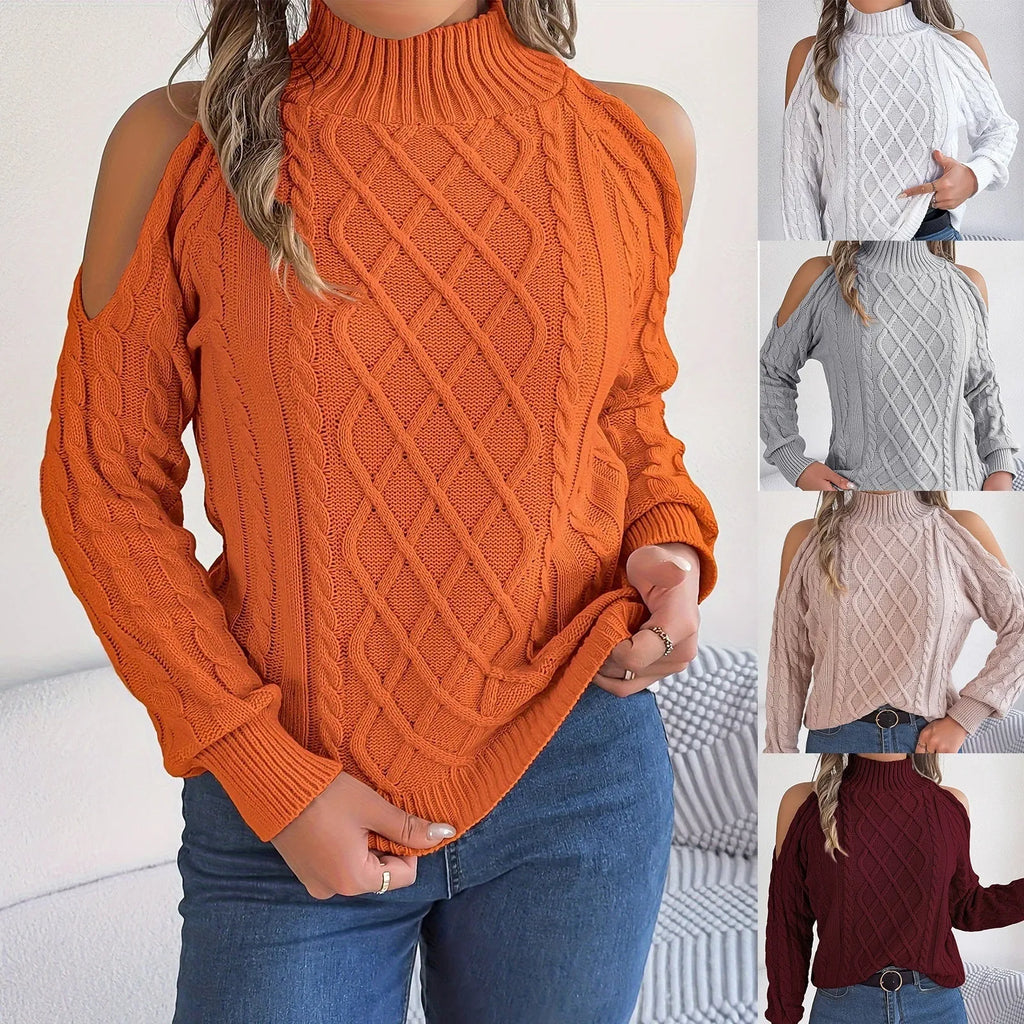 Women's gray acrylic sweater with twist pattern, strapless half-high collar, and lantern sleeves