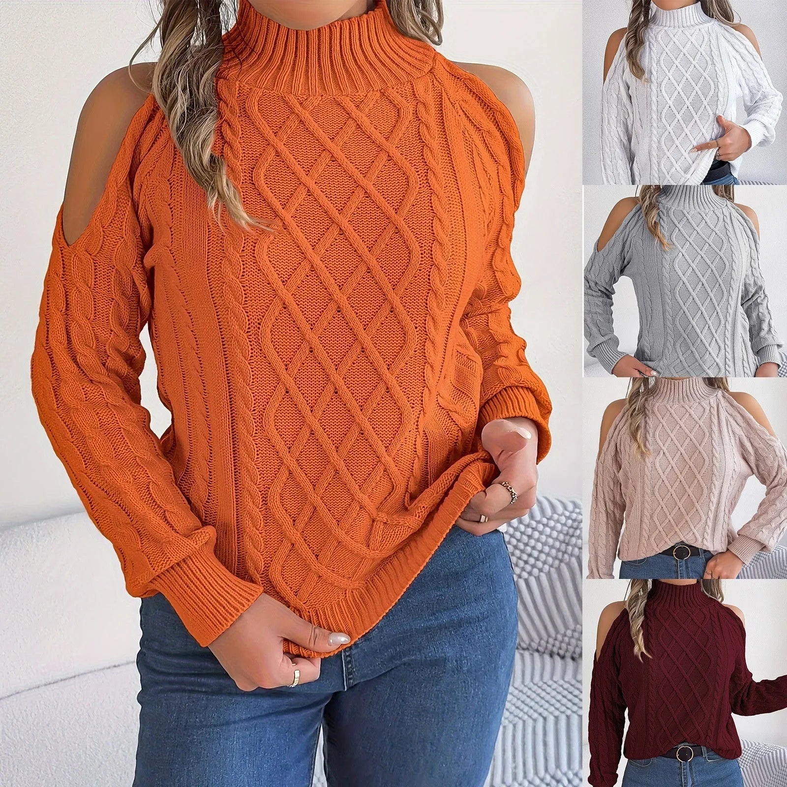 Women's gray acrylic sweater with twist pattern, strapless half-high collar, and lantern sleeves