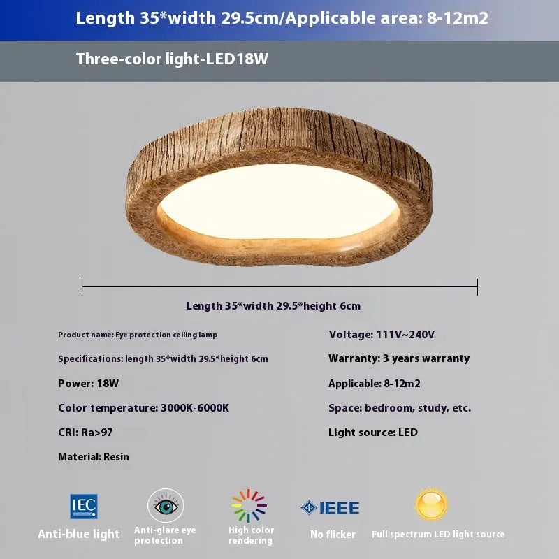 Wood grain finish Chinese-style ceiling light in three sizes: 35cm, 45cm, and 54cm round diameters.