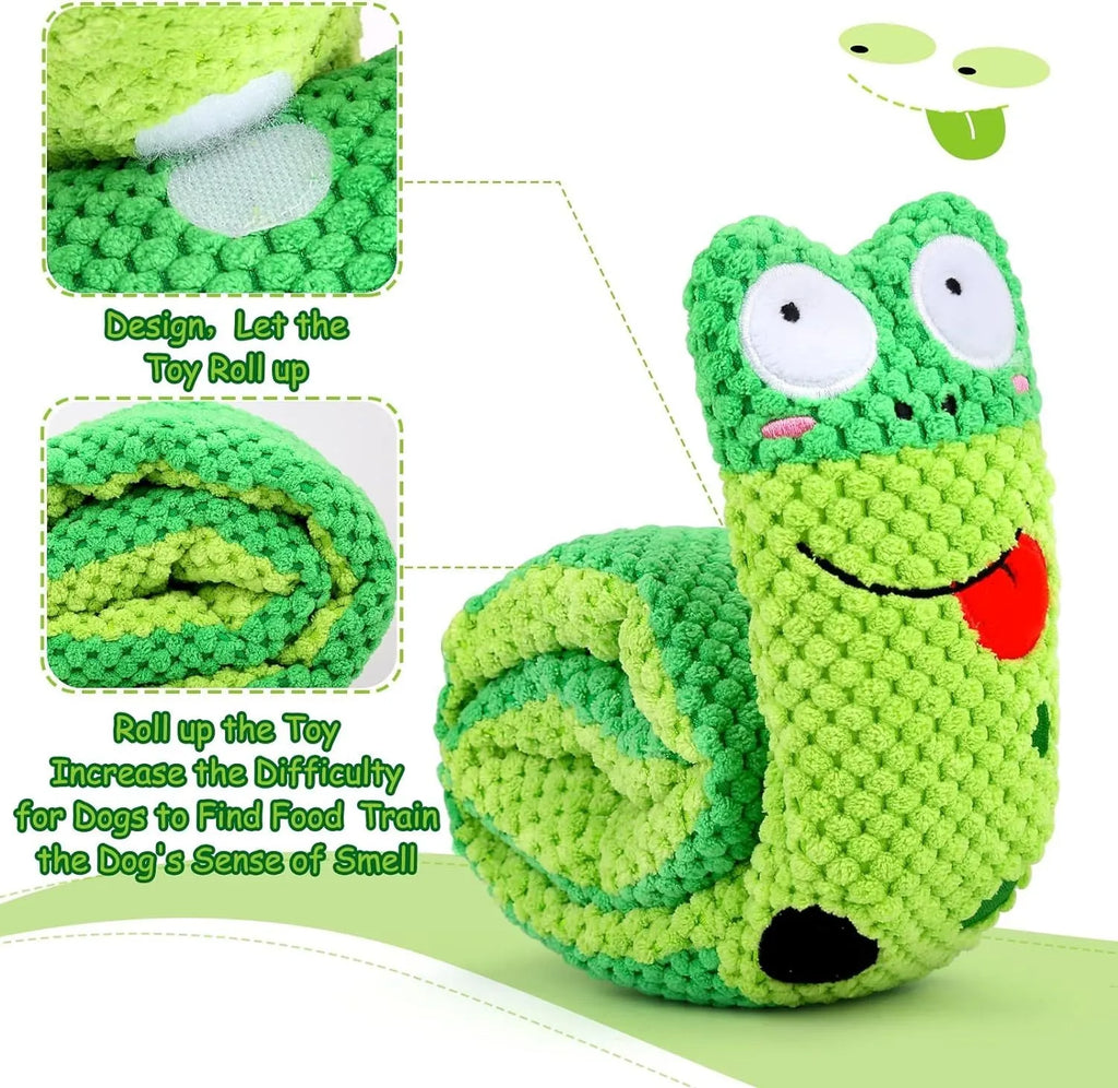 Transformable snail and stick shaped dog puzzle toy with squeaker and hidden food holes.