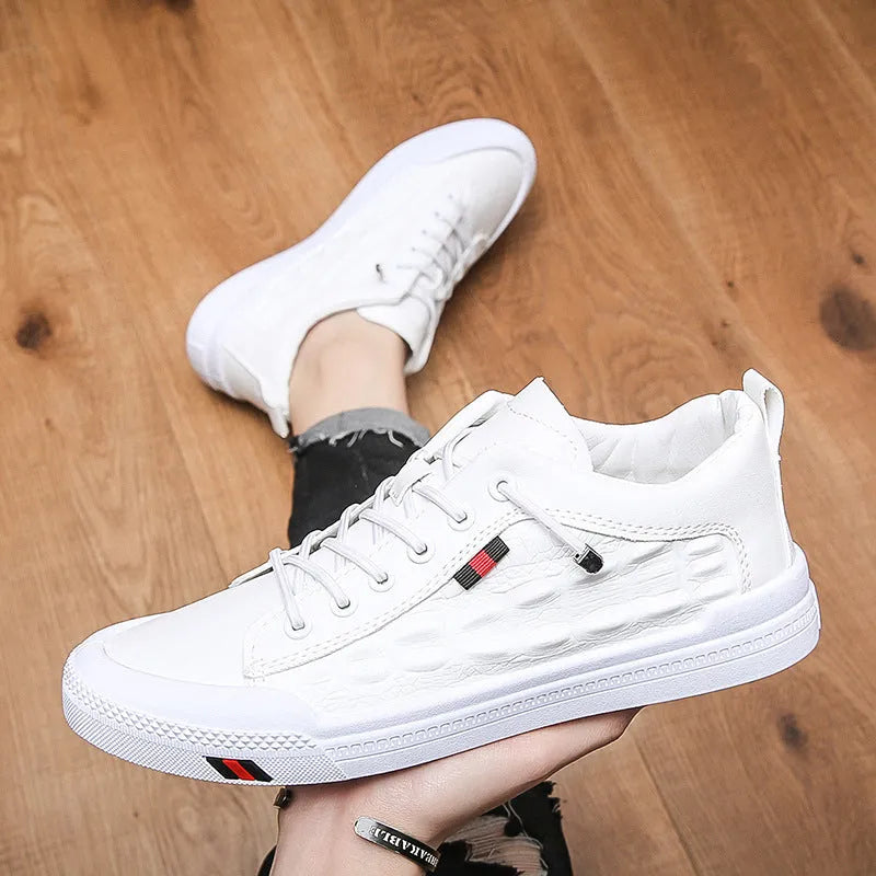 White men's lace-up casual sneakers with a round toe and flat rubber sole