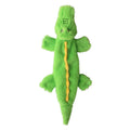 Green crocodile plush dog toy with squeaker and crinkle paper tail on a white background.
