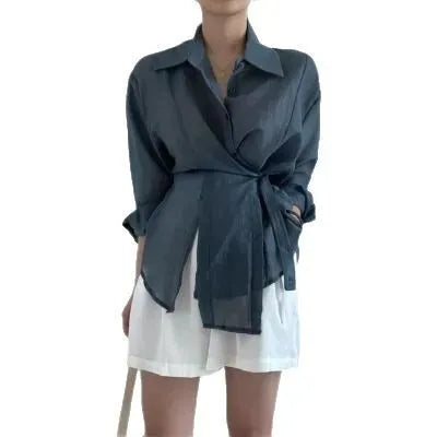 Irregular buckle lapel long sleeve shirt in smoky gray or white, thin polyester top, 50cm length, sizes S to XL