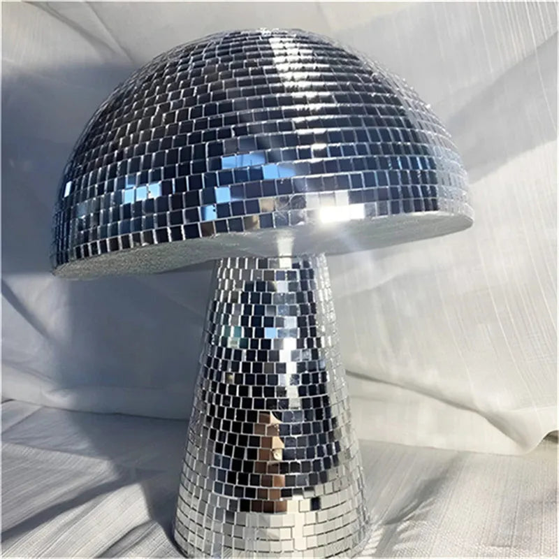 Handmade glass mushroom disco ball ornament with mirror brick upholstery in silver finish small size