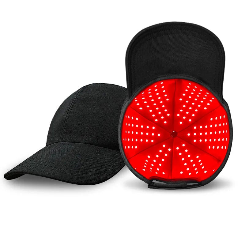 Black infrared hair growth peaked cap with 180 LED red light therapy for scalp treatment