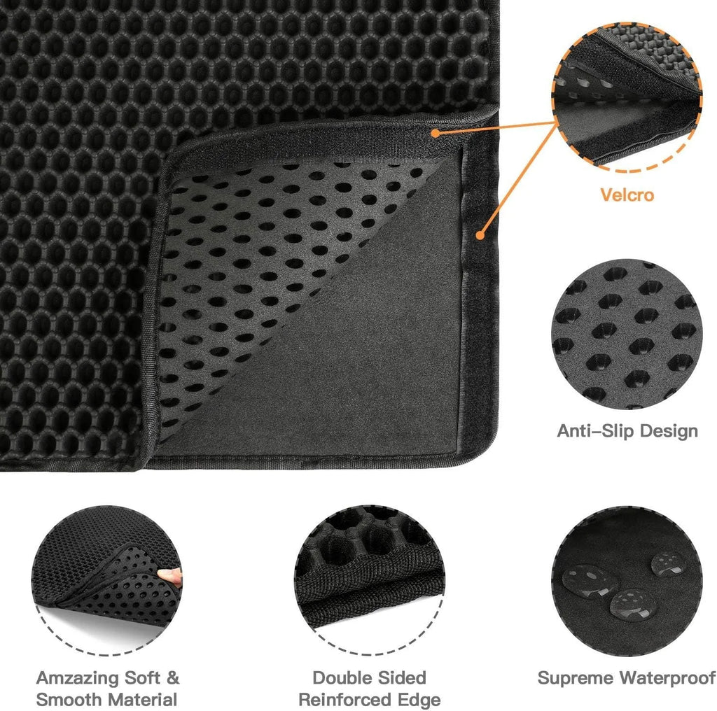 Black honeycomb double layer cat litter mat with non-slip bottom placed near litter box