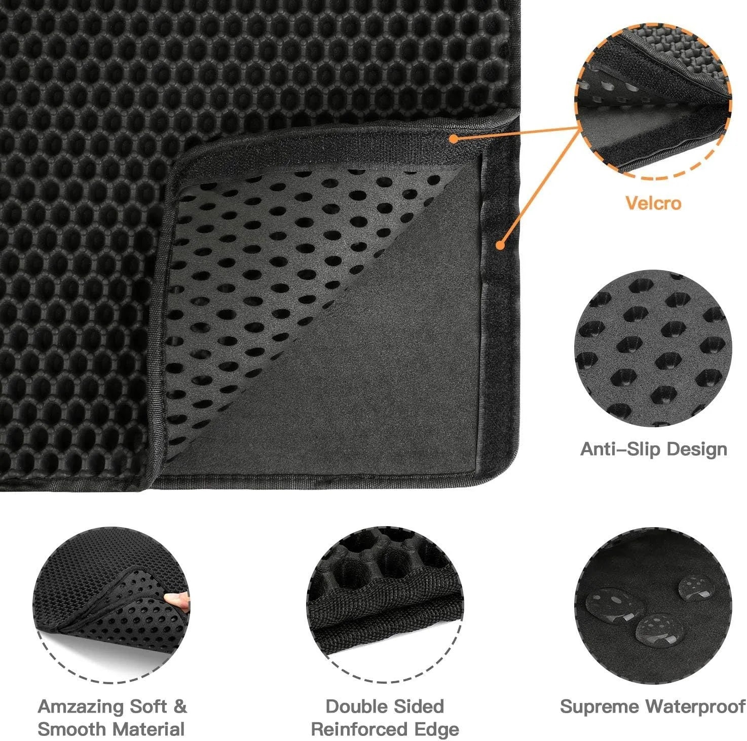 Black honeycomb double layer cat litter mat with non-slip bottom placed near litter box