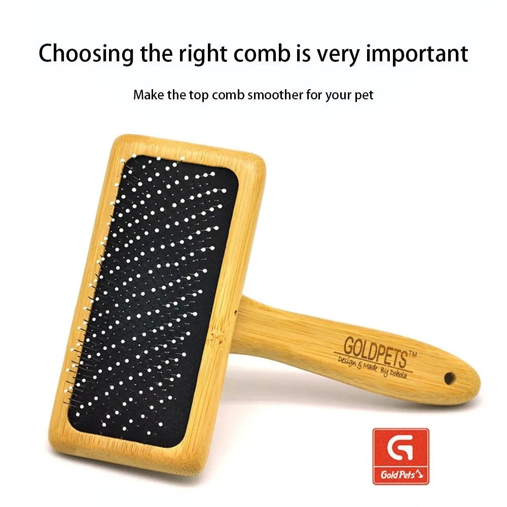 Goldpets bamboo slicker brush with wooden handle and 304 stainless steel pins on a light background