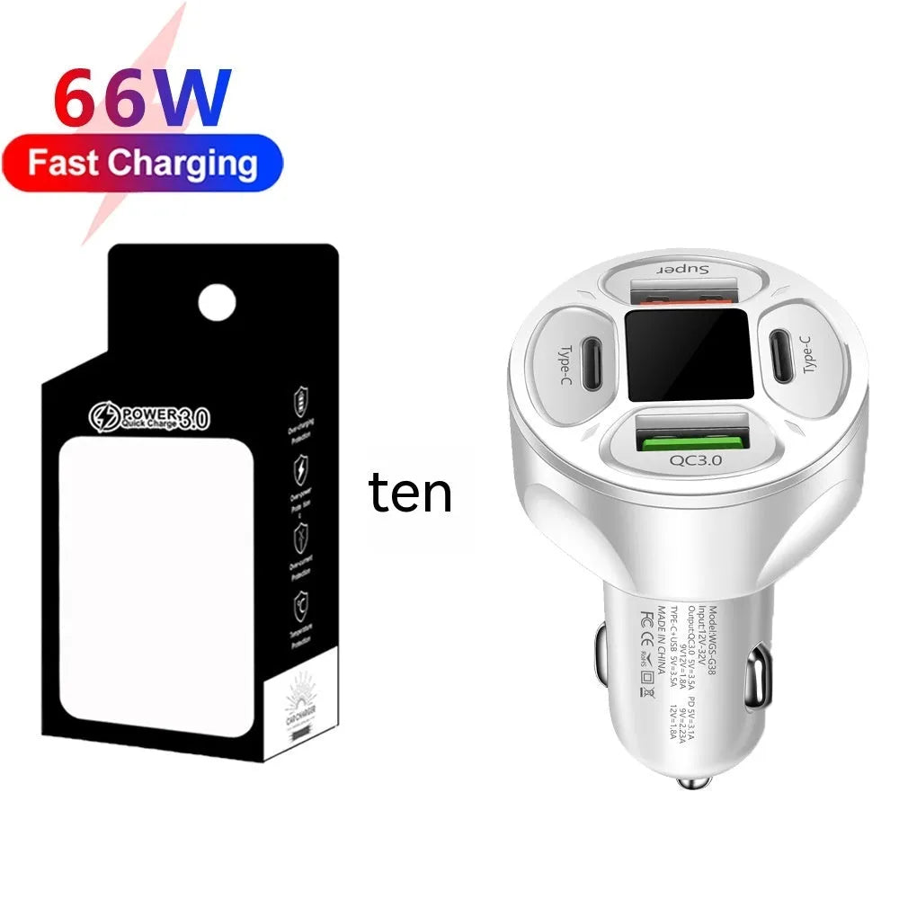 Black 66W digital display car charger with two USB ports and two Type-C ports