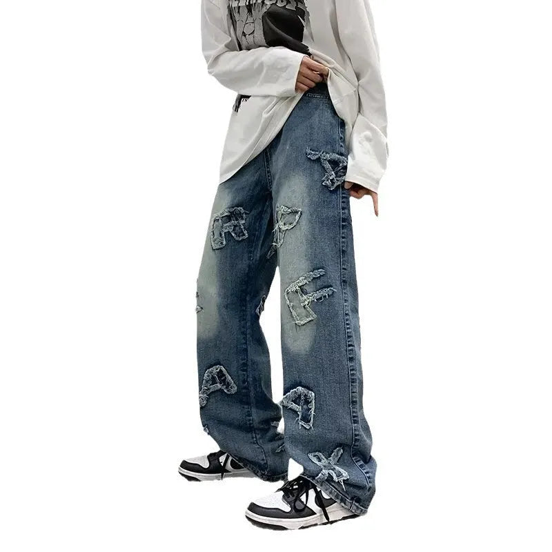 Men's loose retro casual wide-leg straight pants in blue cotton fabric with mid-rise waist