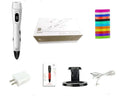 White 3D printing pen with USB cable and PLA filament roll for creative drawing
