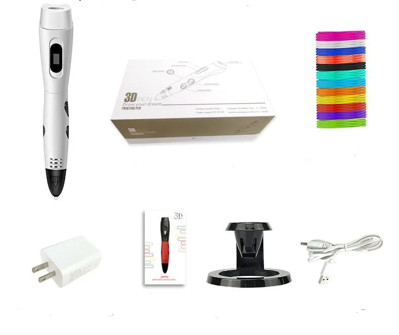 White 3D printing pen with USB cable and PLA filament roll for creative drawing