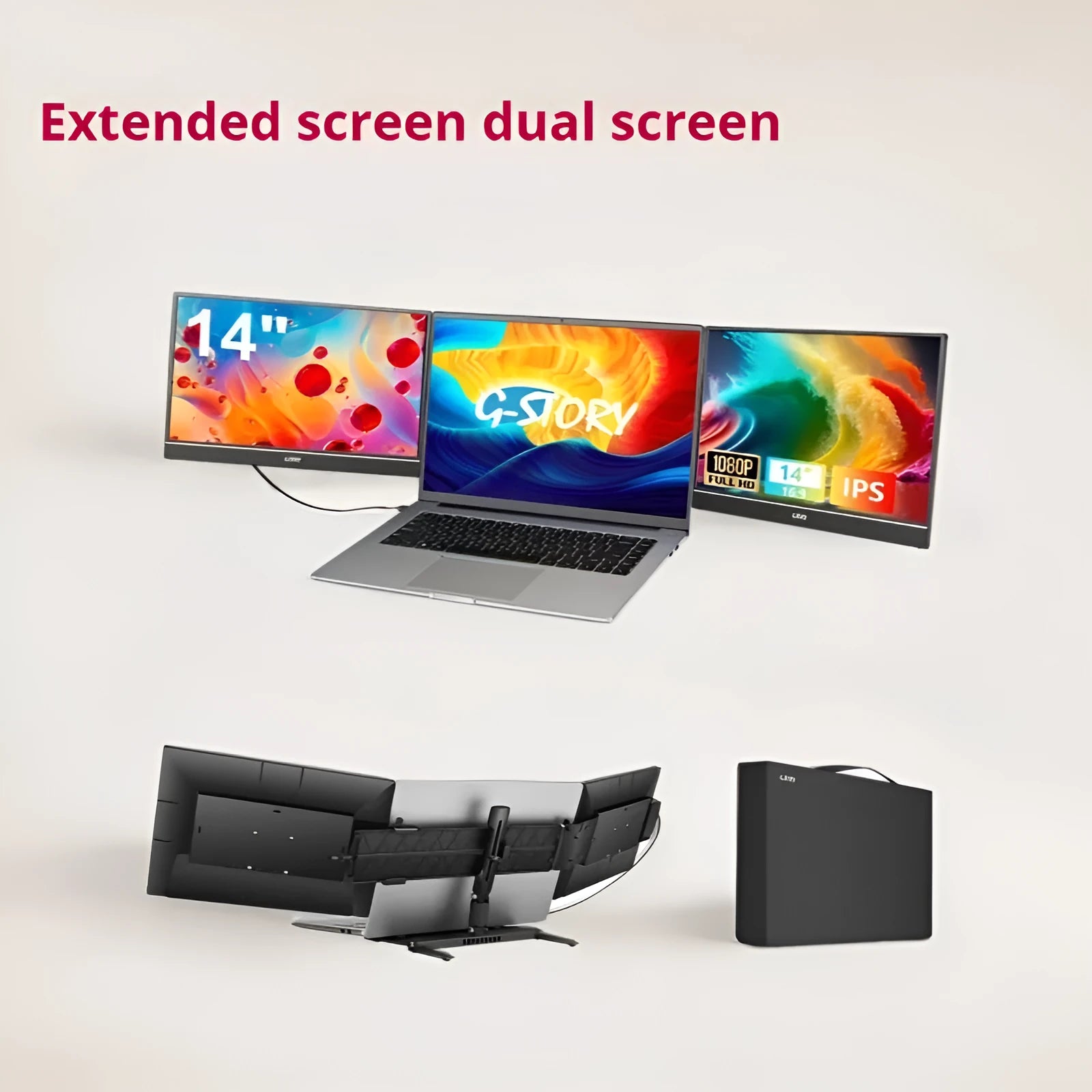 HD 14-inch dual screen LCD monitor with IPS panel in black, 1920x1080 resolution, USB connection
