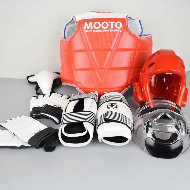 Taekwondo protective gear complete set with thickened padding, red and blue options, sizes 110-190cm