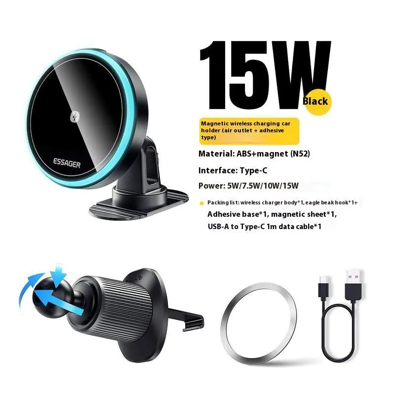 15W magnetic suction wireless charger bracket for car air outlet, Black, universal fit ABS construction