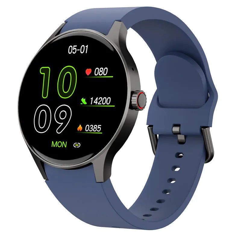 Black smart Bluetooth sport watch with round screen on a wrist, showing fitness stats.