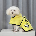 Coral fleece pet bathrobe in yellow, waist-wrapped green, cloak green, and cloak grey, sizes XS to XL.