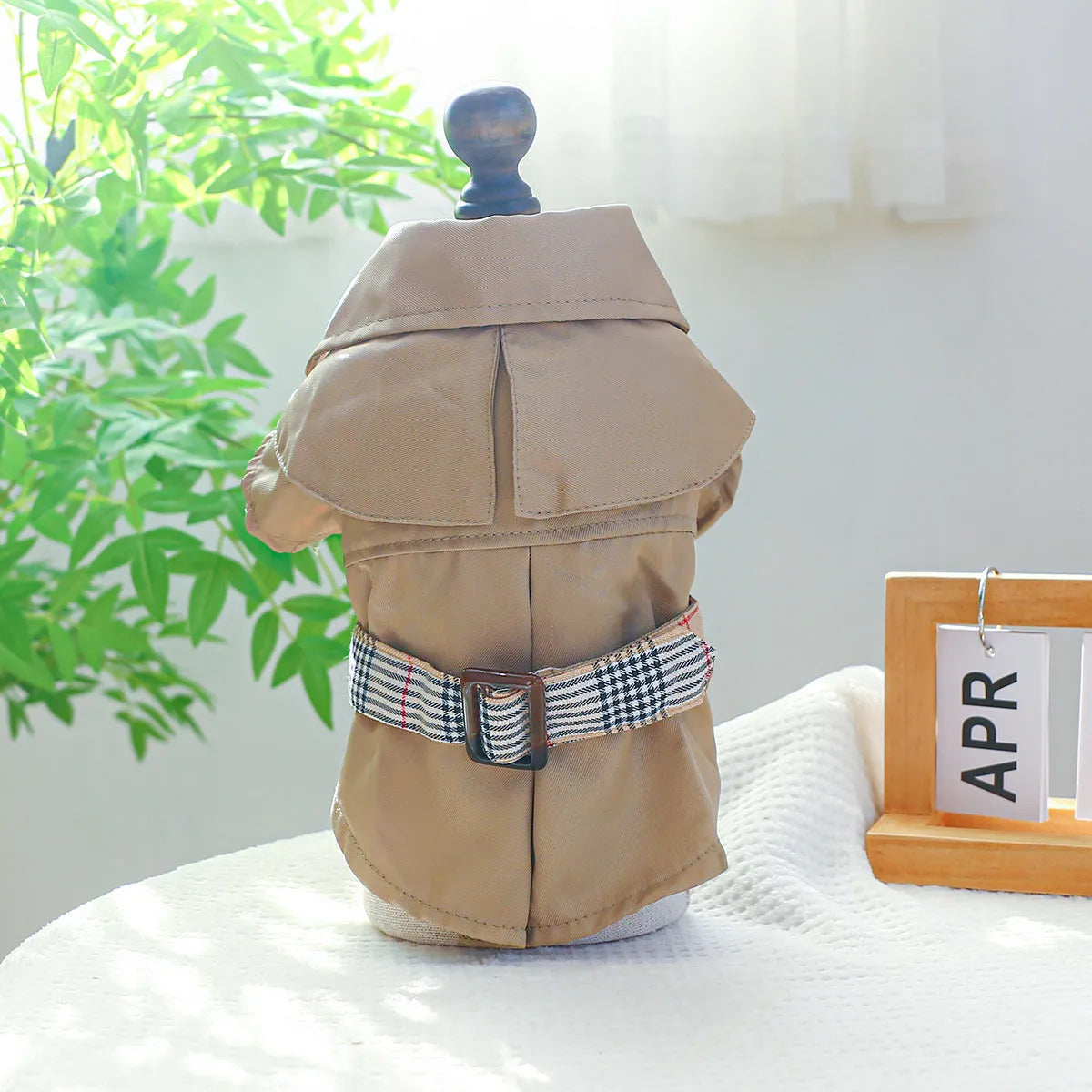 Khaki polyester trench coat pet clothing for dogs on white background